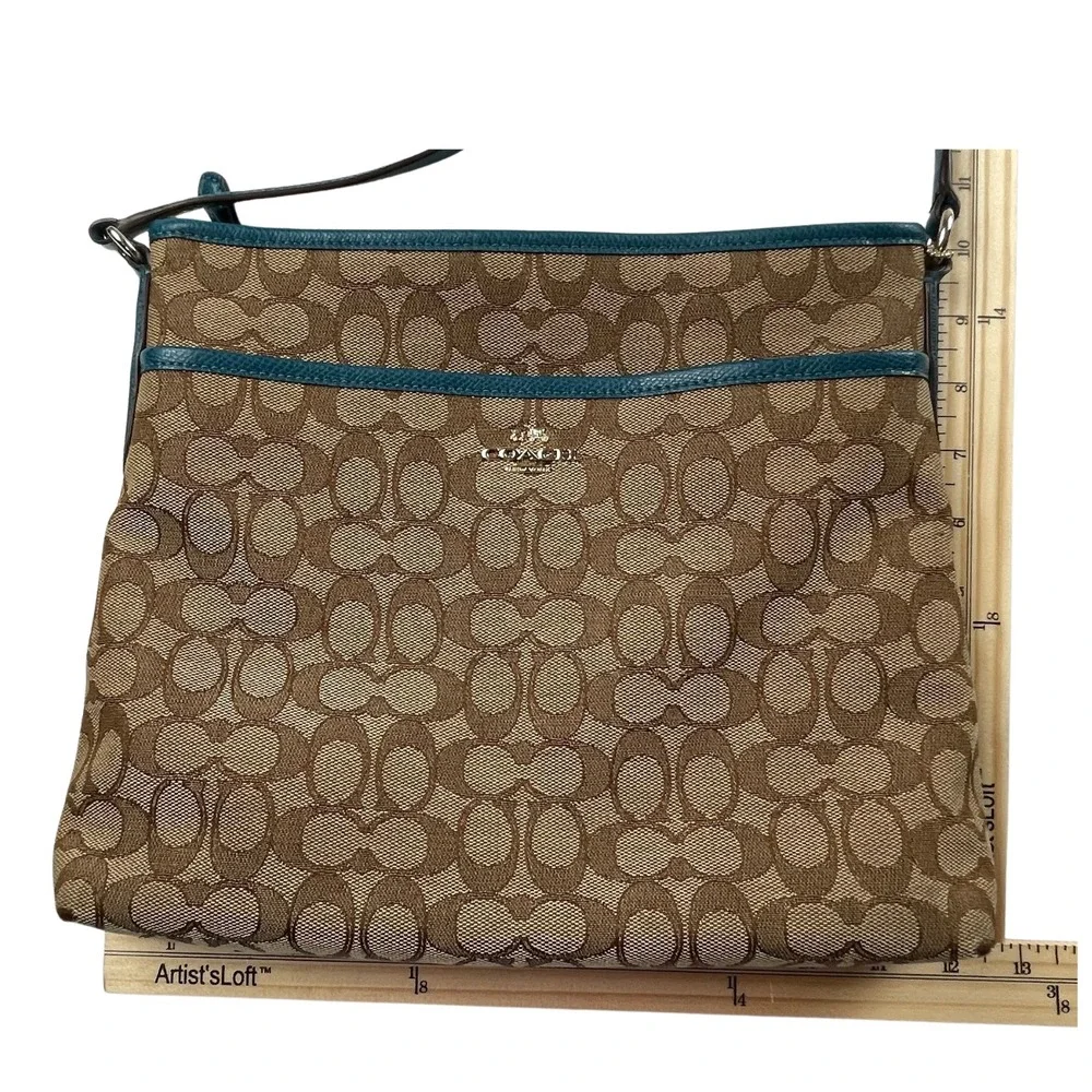 Coach Women Signature Monogram Crossbody Bag Purse Brown Teal Leather Trim *Flaw